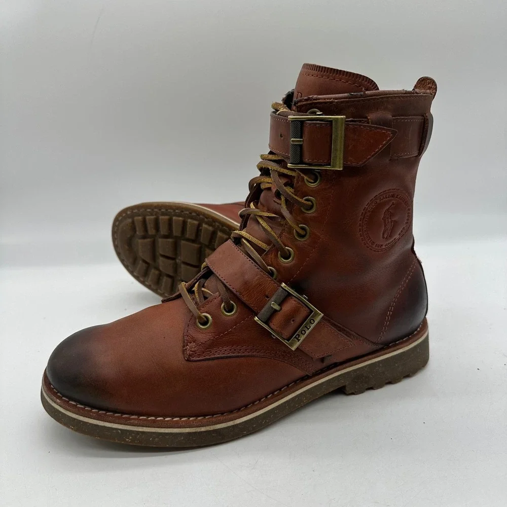 Polo Ralph Lauren Maurice 0862 Men's 9D Brown Buckle Straps Leather Combat Boots